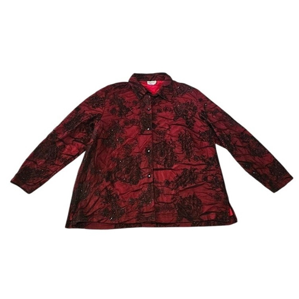 Coldwater Creek Red Black Floral Mesh Glitter Flocked Button Blouse Plus 3X